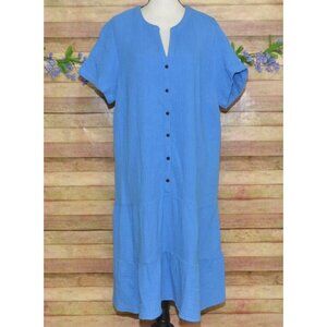 J. Jill Blue Gauzy Button Front Tiered Dress Size XL V-Neck Drop Waist Casual